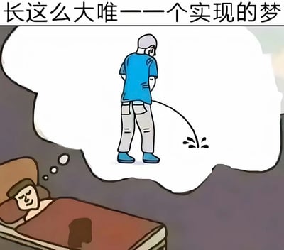 这是一张卡通风格的搞笑梗图，顶部配有文字“长这么大唯一一个实现的梦”，画面下方是一名男子躺在床上熟睡，脸上还带着愉悦的笑意，他头顶的思想泡泡里呈现出一名穿蓝色上衣、灰色裤子的男子站着小便的画面。该图利用大众普遍有过的童年经历做梗：很多人童年时期都曾梦到找厕所小便，这类梦一旦“实现”往往意味着现实中尿床，结合标题“还是…别实现了吧”形成反差笑点，趣味十足。