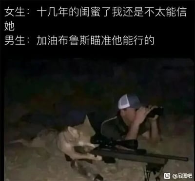 这是一张图文混排的搞笑梗图，上方呈现一段对话：女生倾诉自己与认识十几年的闺蜜仍无法完全信任对方；男生则以一句“加油布鲁斯瞄准他能行的”回应。下方配图为一名男子趴在地上手持望远镜观察，旁边的狗趴在狙击枪前，前爪搭在枪身，借助拍摄角度营造出这只名为“布鲁斯”的狗正准备执行狙击任务的错觉。图中用这种荒诞夸张的画面呼应男生的回应，将女生对闺蜜的不信任感调侃成需要“狙击”的目标，通过强烈的反差感制造幽默效果，消解了人际关系中微妙的不信任小情绪。