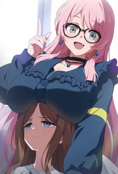 Anime-style illustration featuring two female characters. The upper character has long pink hair, large round glasses, and blue earrings. She is wearing a blue outfit with ruffled details and a black choker with a blue pendant. She has a cheerful expression with an open mouth smile and is pointing upwards with her index finger. Below her is another female character with long brown hair and blue eyes, looking upwards with a somewhat sad or concerned expression.