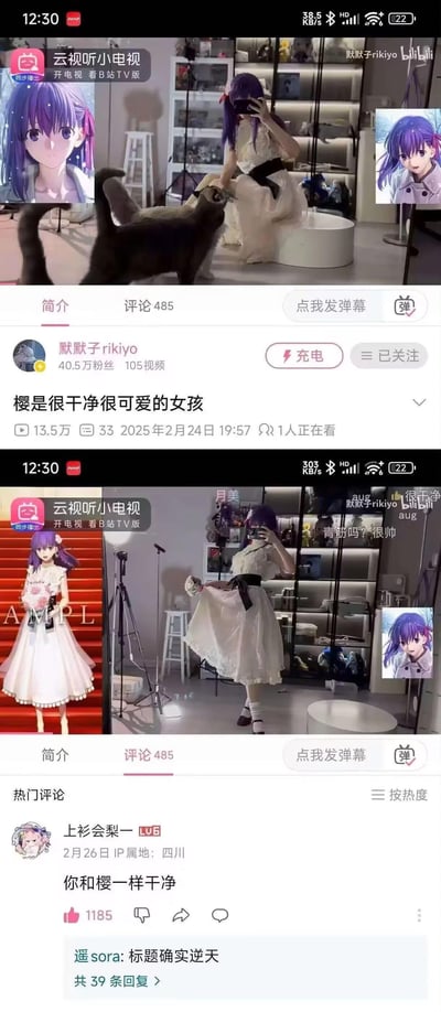 两张Bilibili视频截图拼接，展示用户“默子rikivo”的cosplay内容。上图中她身着白色连衣裙、紫色假发，正蹲在地上与一只黑猫互动，背景屏幕显示动漫角色“樱”的形象；下图为她在室内摆姿势拍照，视频简介写着“樱是很干净很可爱的女孩”，评论区热门评论“你和樱一样干净”获1185赞。视频发布于2025年2月24日，播放量13.5万，评论485条。