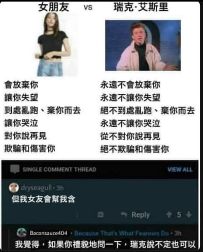 这张梗图采用“女朋友”对比“瑞克·艾斯里”的方式吐槽情侣关系。左边写的是女朋友可能做的让人难过的事情，比如放弃你、让你失望、让你哭泣等等；右边瑞克·艾斯里的部分则直接用他的经典歌曲歌词，形容他“永远不会放弃你”“不会让你哭泣”等无限理想化的承诺。下方则用论坛评论做补充，网友吐槽现实和理想差距巨大，搞笑又带点自嘲。全图用对比和网络梗手法，营造幽默氛围。

没有谐音梗或暗示，但使用了Rickroll梗，把歌曲歌词和情侣行为进行反差对比，笑点明显。