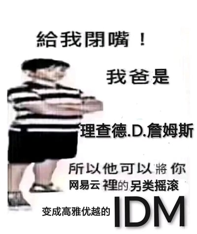这是一张基于经典嚣张小孩梗图模板改编的音乐圈玩梗图。画面左侧是一个穿着黑白条纹上衣、黑色短裤，双臂交叉抱在胸前，神态嚣张不屑的卡通小孩；右侧搭配多层玩梗文字，内容为“給我閉嘴！我爸是理查德.D.詹姆斯，所以他可以將你网易云裡的另类摇滚变成高雅优越的IDM”。其中理查德·D·詹姆斯是知名电子音乐人Aphex Twin的本名，IDM是Intelligent Dance Music（智能舞曲）的缩写，属于电子音乐的一种，和另类摇滚风格差异明显，梗图用“我爸是XX就能怎样”的经典句式，结合网易云音乐平台和音乐风格的反差，制造出荒诞搞笑的效果，精准贴合音乐爱好者的圈子文化，常用于音乐社群里的调侃互动。