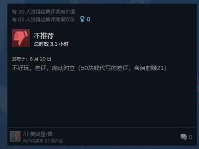 这是一张Steam平台的游戏用户评测截图，用户“川-秦始皇-管”为一款游戏给出“不推荐”的差评，游戏总时长3.1小时，发布于6月20日。评测内容玩了反差梗，表面吐槽游戏不好玩、煽动对立，实则自爆是收了50块钱代写差评，自己仅花费29元购买游戏，含泪血赚21元，用自曝式的内容消解了差评的严肃性，充满戏谑的笑点。