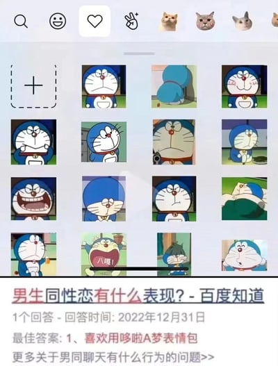 图片上半部分是手机界面截图，显示了一系列哆啦A梦表情包，包含不同表情和动作的哆啦A梦形象。下半部分是百度知道的搜索结果截图，问题为“男生同性恋有什么表现？”，其最佳回答第一条称“喜欢用哆啦A梦表情包”。这种将使用特定表情包与性取向简单关联的说法显然是毫无根据的刻板印象，具有明显的搞笑和荒谬效果。