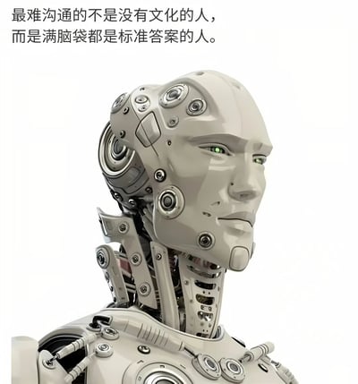 图片主体为一个3D渲染的机器人头部特写，机器人面部及颈部布满机械零件与圆形接口，眼睛发出绿色光芒，整体呈银白色，背景为纯白色。图片上方配有黑色文字：'最难沟通的不是没有文化的人，而是满脑袋都是标准答案的人。' 通过机器人这一象征程序化思维的形象，讽刺了固守标准答案、缺乏灵活思考的沟通对象。