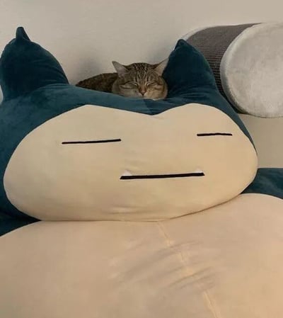 一只虎斑猫咪蜷缩在巨大的龙猫造型毛绒玩偶中熟睡，猫咪的眼睛紧闭，表情放松，完全被柔软的玩偶包裹，看起来格外舒适治愈。玩偶有着标志性的蓝绿色身体和米白色面部，闭着眼睛带着微笑，与猫咪的睡姿相映成趣。背景是简洁的白色墙面和灰色圆形靠垫，整体氛围温馨宁静。