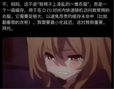 图片上方是一段幽默辩解文字，内容为：“不，妈妈，这不是‘我椅子上凌乱的一堆衣服’，而是一个一级缓存，用于在O(1)时间内快速随机访问我常用的衣服。它需要足够大，以避免昂贵的缓存未命中（比如翻看我的衣柜）。我需要最小化延迟，这对我很重要。拜托。” 下方是一个金发动漫女孩的特写，她眼眶含泪，嘴角下撇，表情带着委屈和恳求，似乎正在向妈妈辩解自己凌乱的房间。

图片使用了计算机科学中的专业术语（如一级缓存、O(1)时间复杂度、缓存未命中、延迟）来幽默地解释生活中的常见场景（凌乱的衣服），形成了知识梗与生活场景的有趣结合。