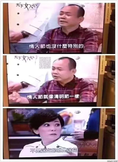 这是一张三段式的搞笑梗图，源自台湾电视剧《天下女人心》的截图。上两图中一位穿格子衬衫的男性先后说道："情人节也没什么特别的"和"情人节就像清明节一样"，最后一图中一位短发女性表情惊讶地回应："不是送吃的就是送花"。图片通过将情人节与清明节这两个性质完全不同的节日进行类比，制造出强烈的反差幽默效果，讽刺了情人节商业化、形式化的现象。