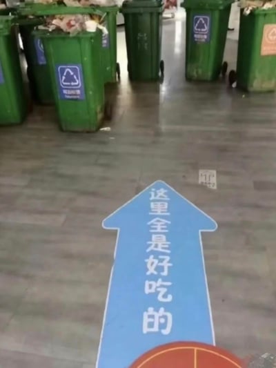 地面上的蓝色箭头标识写着“这里全是好吃的”，箭头指向的方向却是一堆装满垃圾的绿色回收垃圾桶，形成强烈的反差感，用幽默的方式制造出“好吃的最终归宿是垃圾桶”的搞笑效果，属于玩梗整活的趣味场景。
