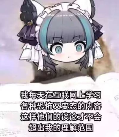 这是一张动漫虚拟主播形象的头部被P到一本书前的梗图，配文“我每天在互联网上学习各种恐怖又变态的内容，这样他们的谈论才不会超出我的理解范围”。表达了网友面对互联网各种离谱话题时自嘲“疯狂补课”的心态，有浓厚的黑色幽默和自我调侃氛围，适合ACG和恶臭梗圈层流传。没有明显双关或谐音，但带有“网络环境充满奇葩内容”的隐含暗示。