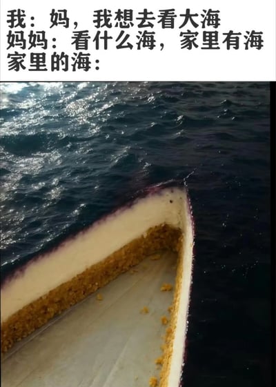 图片上方是一段对话文字：“我：妈，我想去看大海 妈妈：看什么海，家里有海 家里的海：”，下方是一张甜点特写照片。甜点顶部覆盖着光滑的深蓝色镜面层，在光线下泛着类似海面波光粼粼的效果，让人联想到大海；中间是白色的奶油层，底部则是棕色的饼干碎底。整体通过“海”的双关语义制造幽默效果，妈妈所说的“家里的海”实际指的是这道外观酷似海洋的甜点。