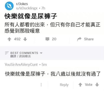 这是一张Reddit论坛r/Jokes子板块的帖子截图，楼主用一个接地气的段子比喻：“快乐就像是尿裤子，所有人都看的出来，但只有你自己才能真正感觉到那股暖意”，以此形容快乐是一种只有自身能真切感知的情绪。下方的热门评论则延伸了这个比喻，用自嘲的语气回复“快乐就像是尿裤子，我八岁以后就没有过了”，通过夸张的自嘲表达自己许久未体会过快乐，形成了好笑又扎心的反差效果，没有双关、谐音梗等内容。