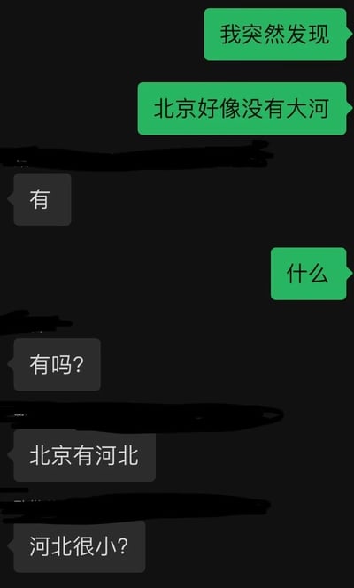 这是一段竖屏手机格式的私人聊天记录截图，对话围绕“北京有没有大河”展开：提问者先提出“北京好像没有大河”的疑问，回答者先是肯定表示“有”，在被追问后又自我怀疑“有吗？”，随后玩起谐音梗，将“大河”的“河”偷换概念成省份“河北”，说“北京有河北”，还反问“河北很小？”，用谐音制造出无厘头的趣味笑点，是日常闲聊里的轻松互动内容。