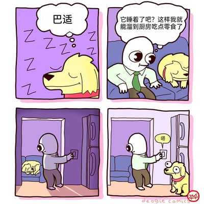 这是一幅汉化后的四格连环搞笑漫画：第一格中，黄色小狗闭着眼睛，心里想着“巴适”，看起来正惬意地熟睡；第二格，拟人化的白色主人坐在沙发上，看着“熟睡”的小狗，暗自盘算可以溜去厨房偷吃零食；第三格，主人轻手轻脚走到厨房门口，准备开灯，客厅的小狗还在沙发上“熟睡”；第四格，主人按下开关发出“嗒”的声响，转头发现小狗已经睁着大眼睛站在厨房门口，原来小狗根本没睡，主人的偷吃计划瞬间落空，形成了搞笑的反差效果。