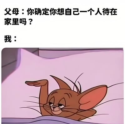 这张梗图用幽默的方式展现了年轻人被父母询问是否想独自在家时的真实心情。图片上方是父母的提问："你确定你想自己一个人待在家里吗？"，下方则是《猫和老鼠》中的杰瑞躺在床上，露出满足而惬意的表情，一只手还向上抬起，完美诠释了对独处时光的渴望和享受。