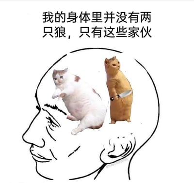 这是一张对经典心理隐喻梗图的二次创作迷因图。画面以简笔画的人头轮廓代表人的内心世界，内部替换了原本的两只狼，改为两只网络热门猫咪形象：一只瘫软无力的胖白猫，呈现出摆烂、慵懒的状态；一只直立身体、手持刀具的黄猫，带着严肃凶狠的气场。配文「我的身体里并没有两只狼，只有这些家伙」，用幽默的方式调侃当代人内心并非传统的善恶对抗，而是摆烂消极与暴躁攻击性两种情绪的拉扯，以搞笑的猫咪形象消解了严肃的心理主题，更贴合当下年轻人的情绪表达，充满网感与趣味性。