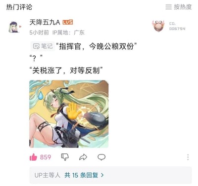 这是一张B站热门评论截图，用户「天降五九A」发布了一段玩梗对话：
1. 舰娘：指挥官，今晚公粮双份
2. 指挥官：？
3. 舰娘：关税涨了，对等反制
并搭配了一张二次创作的P图，图中是手游《碧蓝航线》的舰娘角色，被添加了黄色手掌特效，模拟出打出炮弹的动作。该内容结合现实中的关税对等反制话题，用「公粮双份」进行类比玩梗，风格搞笑，获得了859个点赞。

梗点说明：用现实里的「关税对等反制」政策，类比成舰娘要求指挥官交双份「公粮」，属于场景置换的搞笑玩梗，将严肃的时事话题用二次元游戏的轻松方式呈现。