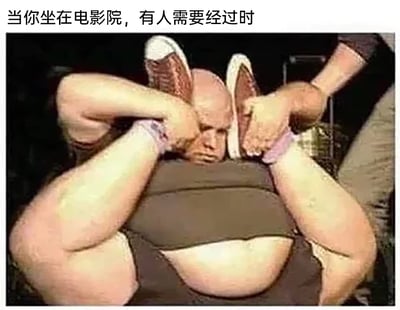 这是一张利用视觉错位创作的搞笑梗图，顶部配有文字“当你坐在电影院，有人需要经过时”。画面呈现了电影院座位区的场景：一位体型肥胖的观众起身给需要经过的人让路，他抬起双腿，而身后人的头部和手臂恰好与他的身体位置重合，在视觉上形成了仿佛这个胖观众的脸从自己肚子上方长出、双腿变成耳朵的荒诞造型。这种错位效果精准调侃了电影院座位空间狭窄，观众起身让路时的尴尬与局促，通过夸张的视觉反差制造出强烈的喜剧效果，容易引发有类似经历的网友共鸣。