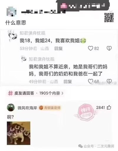 这是一张皮皮虾平台的社交媒体评论截图，用户「知君潇舟枕眠」先发布评论称「我18，我姐24，我喜欢我姐」，随后补充解释自己和这位「姐姐」的关系：「我和我姐不算近亲，她是我哥们的妈妈，我哥们的奶奶和我爸在一起了」。这种绕到离谱的辈分逻辑让其他网友发出疑惑的「啊？」，还搭配了一张头上被P满烟花、一脸懵的猫咪表情包，整个内容靠混乱的亲属关系制造出荒诞搞笑的效果，没有双关、谐音梗或暗示内容。