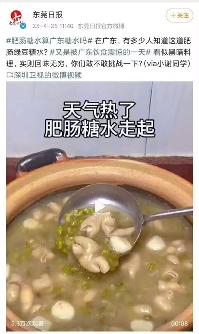 这是一张微博内容的截图，发布账号为东莞日报官方微博，发布时间为2025年4月25日，内容带相关话题讨论肥肠糖水是否属于广东糖水，介绍了广东特色美食肥肠绿豆糖水，称这款食物看似是黑暗料理，实际回味无穷，邀请网友尝试，内容来源标注为小谢同学，原内容是深圳卫视的微博视频。截图下方是原视频的截图，视频展示了盛放在陶砂锅中的肥肠绿豆糖水，金属勺子舀起的部分可以清晰看到肥肠、绿豆块和白色的配料块，视频上方配有文字“天气热了 肥肠糖水走起”，该视频已有5.3万次观看，时长为8秒。