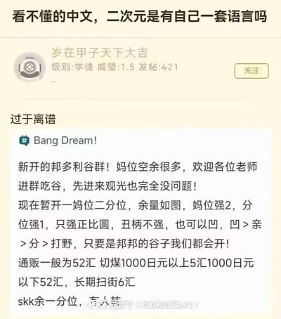 这是一张社交媒体截图，顶部配有文字“看不懂的中文，二次元是有自己一套语言吗”，表达了对二次元圈内术语的困惑。截图内容显示用户“岁在甲子天下大吉”（级别：学徒，威望1.5，发帖421）发布的一条关于“邦多利谷群”的帖子，包含大量如“妈位”“分位”“正比圆”“丑柄”“凹”“亲”“打野”“切煤”“通贩”“汇”“扫街”等二次元谷子交易圈的专业术语，普通用户难以理解，从而引发“二次元是否有自己语言”的疑问。