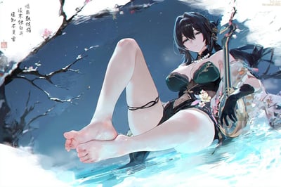 画面中是一位身着绿色服饰的古风美少女，她斜坐在冰雪之上，姿态慵懒优雅。少女有着黑色长发，戴着精致发饰，手持一把传统乐器，面带微笑，眼神迷离。背景是深蓝色的夜空，点缀着飘落的雪花和盛开的樱花树枝，营造出冬日浪漫氛围。左上角有中国书法文字："墙角数枝梅，凌寒独自开。遥知不是雪，为有暗香来。"