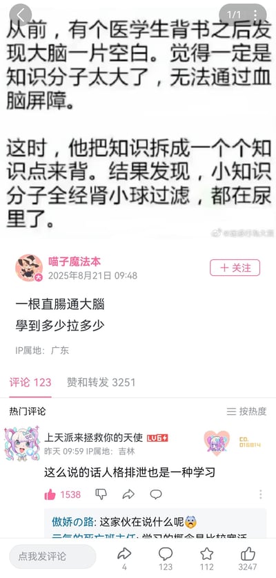 这是一张社交媒体截图，内容为用户“喵子魔法本”发布的关于医学生背书的搞笑段子。段子中，医学生背书后大脑空白，调侃“知识分子太大无法通过血脑屏障”；拆成知识点后背书，又戏称“小知识分子经肾小球过滤到尿里了”，最后补刀“一根直肠通大脑 学到多少拉多少”，用生物学概念制造幽默效果。截图下方显示有123条评论、3251次赞和转发，热门评论中“上天派来拯救你的天使”留言“这么说的话人格排泄也是一种学习”，引发互动。