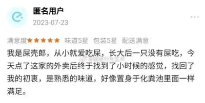 这是一张社交媒体截图，内容为2023年7月23日一位匿名用户发布的外卖评价。该评价表面给出了味道、包装、配送全五星的满分好评，但实际用荒诞的反讽手法，以屎壳郎的口吻自述“从小爱吃屎，长大后没屎吃，点了这家外卖后找回了小时候吃屎的感觉，仿佛置身化粪池”，以此暗指这家外卖的味道极差，用看似夸赞的表述完成了尖锐的吐槽，风格搞笑且充满讽刺意味。