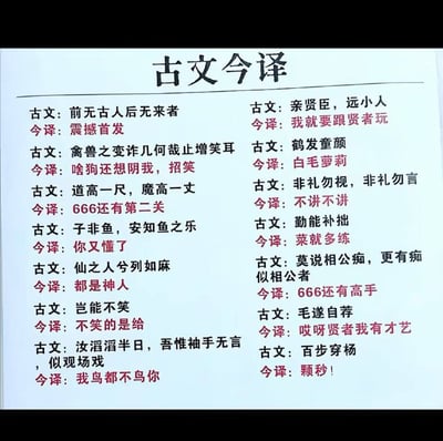 这是一张以“古文今译”为主题的幽默图片，包含多条中国古代经典名句及其搞笑的现代网络用语翻译。例如“前无古人后无来者”被译为“震撼首发”，“鹤发童颜”译为“白毛萝莉”，“道高一尺，魔高一丈”译为“666还有第二关”等。整体风格诙谐，将传统文化与当代网络流行语结合，产生反差萌的搞笑效果。