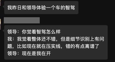 这是一张聊天记录截图，内容为网友分享的职场社死经历：该网友称自己昨日和领导共同体验某款汽车的智能驾驶功能，领导询问他对智驾的评价，他回复称整体表现不错但细节识别存在问题，举例称当下车辆正在压实线，错误十分离谱，不料领导随即回应称此时是自己在手动驾驶，形成了原本想吐槽智驾结果误骂领导的搞笑反转效果。