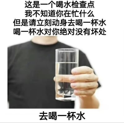 图片中一个穿着黑色T恤的人手持一杯水，面部被文字遮挡。上方文字写着“这是一个喝水检查点 我不知道你在忙什么 但是请立刻动身去喝一杯水 喝一杯水对你绝对没有坏处”，下方文字重复“去喝一杯水”。整体风格幽默轻松，以检查点的口吻提醒人们及时喝水。