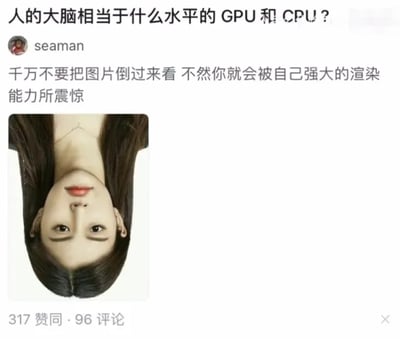 这是一张社交媒体问答社区的截图，顶部提出问题“人的大脑相当于什么水平的GPU和CPU？”，用户seaman在该问题下给出创意回答：配文“千万不要把图片倒过来看 不然你就会被自己强大的渲染能力所震惊”，并附上一张倒置的女性人像照片。当将这张人像照片正过来后，人脑会自动将原本的人物嘴唇识别为另一张人脸的下巴，人物的下巴识别为另一张人脸的嘴唇，利用视觉错觉原理，直观展示出人脑强大的图像识别与“渲染”能力，以此回答提问，说明人脑的图像处理能力是普通GPU和CPU难以企及的。