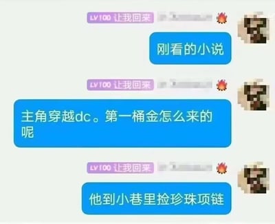 这是一张来自社交聊天平台的静态聊天记录截图，画面中展示了一段对话：一位标注为分享者的用户，先后发送三条消息，先是提及自己刚看的小说，接着抛出问题“主角穿越dc。第一桶金怎么来的呢”，随后揭晓答案——主角是在小巷里捡珍珠项链获得第一桶金；而对话的另一方是带有“LV100 让我回来”标识的用户，其三条消息框内均无实质文字内容，仅显示用户前缀和火焰头像图标。整个截图的核心是分享者对DC穿越类同人小说趣味情节的分享。