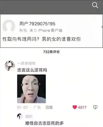 这是一张社交媒体截图，展示了一个关于性取向的讨论。用户7929075195发布动态质疑性取向的意义："性取向有啥用吗？男的女的谁喜欢你"。下方有732条评论，其中一条高赞评论来自"一条潭喵妆"："忠言这么逆耳吗"，获得4817个点赞。还有用户"燔枳"回复道："难怪自古忠臣死的多"。整个截图呈现了网友对这一尖锐问题的不同反应。
