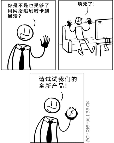 这是一幅由三格组成的黑白火柴人搞笑漫画，采用反套路广告的形式展开。第一格中，身着西装的火柴人推销员面带微笑，向观众抛出“是否受够网络追剧卡顿”的问题，引发共鸣；第二格展示了一名用户坐在沙发上，对着卡顿的电脑愤怒地大喊“烦死了！”，生动还原了网络卡顿带来的烦躁情绪；第三格推销员再次出现，举着一张光盘，推荐这一所谓的“全新产品”，用早已被网络流媒体取代的物理光盘来解决网络卡顿问题，通过这种复古与现代需求的反差制造出幽默效果，调侃了现代网络服务的痛点。