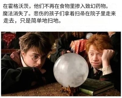 这是一张图文混排的搞笑梗图，采用顶配底文的形式，上方是虚构脑洞文案，下方是《哈利·波特》系列电影的占卜课场景截图。截图中哈利·波特和罗恩·韦斯莱都一脸无聊、无精打采地趴在桌前看着面前的水晶球。配文编造了霍格沃茨不再在食物中添加致幻药物、魔法彻底消失的设定，称原本会用扫帚飞行的孩子们如今只能拿扫帚扫地，和截图里两人提不起劲的失落状态相呼应，营造出荒诞的搞笑效果。