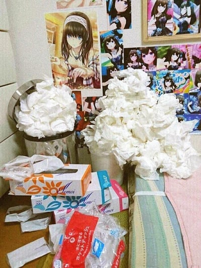 这是一间二次元粉丝的房间局部实拍，墙面密集张贴着《偶像大师 灰姑娘女孩》角色鹭泽文香的各类官方海报；画面中两个容器被使用过的皱巴巴纸巾堆满，旁边还叠放着多盒emoi品牌的抽纸，其中还有一包日文标注的“可溶于水的口袋纸巾”。夸张的纸巾使用量，是粉丝用趣味方式表达对角色的狂热喜爱，属于二次元粉丝文化的自嘲式调侃。
