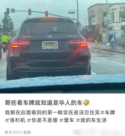 这张图片拍摄于美国加州洛杉矶，由一辆奔驰GLC43 AMG的后视图构成，车牌为“NA8LSHA”。这组车牌用英文字母和数字组合出了“拿8沙”，谐音“哪不傻”，带有一种中文的谐音双关梗，引发网友共鸣与调侃。下方有一段社交平台评论，提到看到车牌一眼就知道是华人的车，并称自己没忍住笑。整个场景轻松幽默，带有一种海外华人圈专属的社交氛围。

本图包含明显的谐音梗和双关趣味，属于中国式幽默在海外生活的体现。