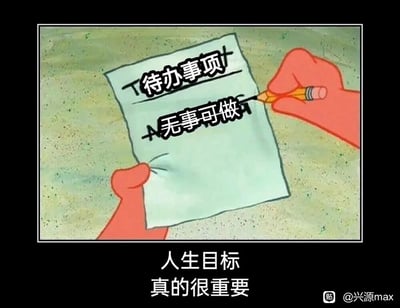 这是一张二次创作的卡通梗图，画面截取自动画《海绵宝宝》中派大星的手部动作，派大星的手拿着一张写有“待办事项”和“无事可做”的清单，并用铅笔将这两项内容全部划掉。图片底部配有黑色背景的白色文字“人生目标 真的很重要”。整张图用自嘲式的幽默，调侃了当人处于完全无事可做的状态时，连“无事可做”都成了可以完成的待办事项，以此反讽没有人生目标时的空虚与荒诞，从而强调人生目标的重要性，引发观者对生活状态的共鸣与思考。
