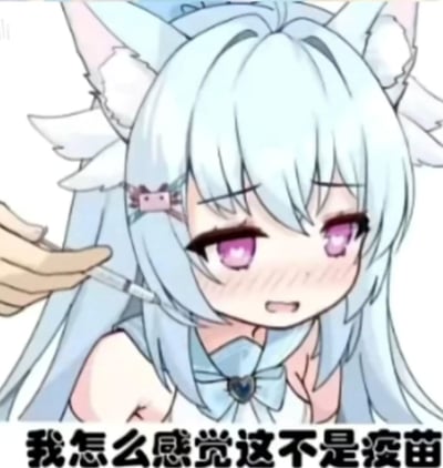 图中是一位浅蓝发猫耳二次元少女，面露委屈、疑惑的神情，脸颊泛红，一只手拿着注射器准备给她注射，下方配文“我怎么感觉这不是疫苗”。这张图用可爱的二次元角色搭配带有调侃、怀疑意味的文字，制造出反差感，用来表达对即将发生的事的不安、怀疑，或是玩梗式的吐槽，没有双关或谐音梗内容。