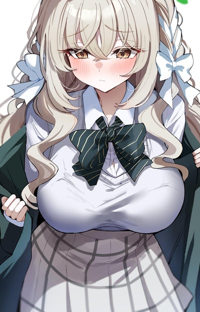 这是一幅动漫风格的少女插画。画面中是一位金发美少女，她有着飘逸的长卷发，两侧扎着双马尾，发尾微微卷曲。马尾上系着大大的白色蝴蝶结，增添了可爱感。少女有着明亮的黄色眼眸，眼神略带慵懒，脸颊泛着淡淡的红晕，表情看起来有些害羞又带着一丝倔强。她穿着一件白色衬衫，领口处系着一个醒目的深绿色条纹大蝴蝶结，外面套着一件墨绿色的外套，双手正轻轻将外套向两侧拉开。整体画面构图清晰，色彩搭配和谐，展现出典型的二次元动漫美学风格。
