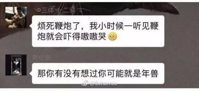 这是一张社交媒体聊天记录形式的梗图，展示了两条对话内容。第一条发言称“烦死鞭炮了，我小时候一听见鞭炮就会吓得嗷嗷哭😣”，表达对鞭炮的恐惧；第二条回复“那你有没有想过你可能就是年兽”，巧妙结合中国传统“年兽怕鞭炮”的民俗传说，通过反向思维制造幽默效果，暗示害怕鞭炮的人或许就是传说中惧怕鞭炮的年兽。