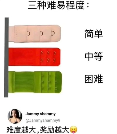 图片以三种不同颜色和设计的strap（粉色、红色、绿色）分别对应标注'简单'、'中等'、'困难'三种难易程度，底部配有文字'难度越大，奖励越大 😜'，通过strap的视觉差异幽默地表现难度等级与潜在奖励的关系。