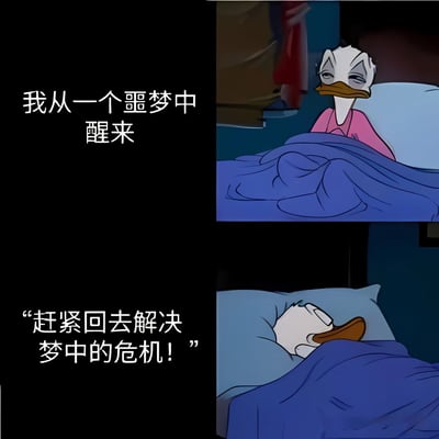 这是一张由上下两格组成的连环梗图。上格左侧黑色背景配白色文字“我从一个噩梦中醒来”，右侧是唐老鸭坐在床上的画面，他穿着粉色睡衣，盖着蓝色被子，双眼半睁，嘴角下撇，表情疲惫又无奈。下格左侧文字为“‘赶紧回去解决梦中的危机！’”，右侧画面中唐老鸭已经重新躺下，头枕在蓝色枕头上，闭着眼睛，似乎准备再次入睡。图中通过唐老鸭从噩梦惊醒后反而想回去解决梦中危机的反差行为制造幽默效果。