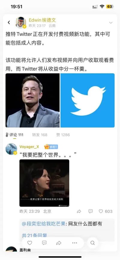 这是一张竖屏手机格式的社交媒体截图，博主Edwin埃德文发布消息称推特（Twitter）正在开发付费视频新功能，其中可能包含成人内容，该功能允许用户发布需付费观看的视频，平台会从中抽取分成，并搭配了埃隆·马斯克的照片与Twitter官方logo。评论区用户Voyager_X引用一段影视截图玩梗，截图中的女性角色台词为“我要让整个世界统统变成大妓院”，以此讽刺调侃马斯克的这项新功能，充满搞笑与戏谑的氛围。