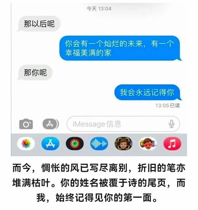 这张图采用上半部分聊天截图、下半部分配文的图文混排形式，上半部分是苹果iMessage的聊天界面：13:04时灰色气泡发送的消息询问“那以后呢”，蓝色气泡回复对方会拥有灿烂未来和幸福家庭，随后灰色气泡又问“那你呢”，蓝色气泡回复“我会永远记得你”，该消息显示13:05已读；下半部分搭配了一段充满文艺伤感氛围的文案，整体传递出离别、告别时的遗憾与怀念情绪，多用于表述情侣分手等场景下的不舍心境。