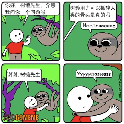 这是一张四格搞笑漫画梗图，主角是一名红衣小人与一只树懒。小人询问树懒是否真的能用力抓碎人类的骨头，树懒最初否认，随后迅速矛盾，抱住小人并肯定“可以”，充满了反差和冷幽默。整幅漫画呈现“动物科普”遇冷知识谣言时的趣味反转，非常适合网友在聊天中用来装傻、调侃或制造尴尬气氛。无明显谐音梗。