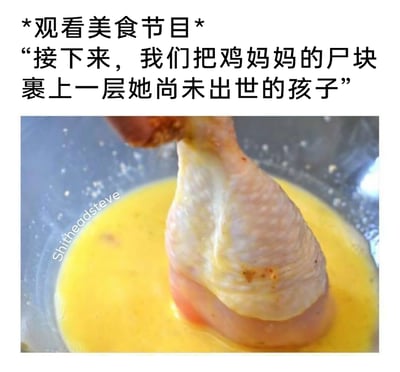 这是一张充满搞笑反差感的美食梗图，上方以模拟美食节目解说的口吻，用夸张且猎奇的表述“接下来，我们把鸡妈妈的尸块裹上一层她尚未出世的孩子”来描述将生鸡腿裹蛋液的普通烹饪步骤，下方的图片则直观展示了一只生鸡腿正浸入蛋液中的画面，图片左侧带有创作者“Shitheadsteve”的水印。整张图通过用重口、荒诞的语言解构日常的烹饪行为，制造出强烈的幽默反差，调侃了美食节目中专业话术的刻板感，以新奇的表述方式引发观者的趣味共鸣。