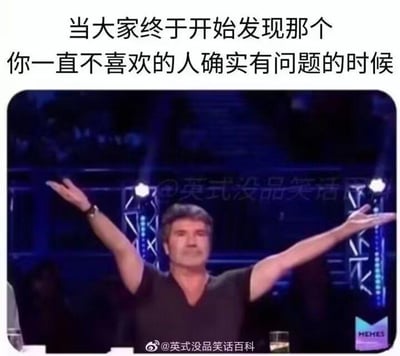 这是一张结合了节目截图与文字的梗图，上方配有文字“当大家终于开始发现那个你一直不喜欢的人确实有问题的时候”，下方是选秀节目《英国达人秀》的评委西蒙·考威尔双臂张开的画面。这个画面精准还原了那种自己早就看清某人的问题，终于等到其他人也发现真相时，扬眉吐气、大快人心的爽感，能让很多人在生活里的人际交往、职场相处等场景中找到强烈共鸣。
