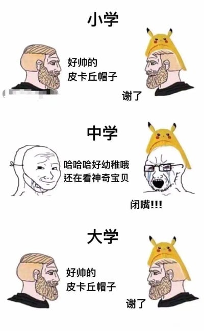 这是一张由三部分组成的连环梗图，分别对应小学、中学、大学三个校园成长阶段，展现了不同阶段中他人对佩戴皮卡丘帽子的人的态度，以及戴帽者的反应差异。小学阶段，评价者会真诚夸赞皮卡丘帽子帅气，戴帽者平静地表达感谢；中学阶段，处于叛逆和在意他人眼光时期的评价者，会嘲讽戴帽者喜欢神奇宝贝、佩戴皮卡丘帽子的行为幼稚，戴帽者则愤怒崩溃地进行反驳；大学阶段，评价者又重新认可皮卡丘帽子的帅气，戴帽者再次平静道谢。图中采用了国外经典的Wojak（崩溃愤怒形象）和Chad（自信平静形象）的梗图人物模板，生动还原了青少年在不同成长阶段的社交心态变化，从小学的单纯、中学的敏感叛逆到大学的坦然，引发受众对校园成长经历的共鸣。
